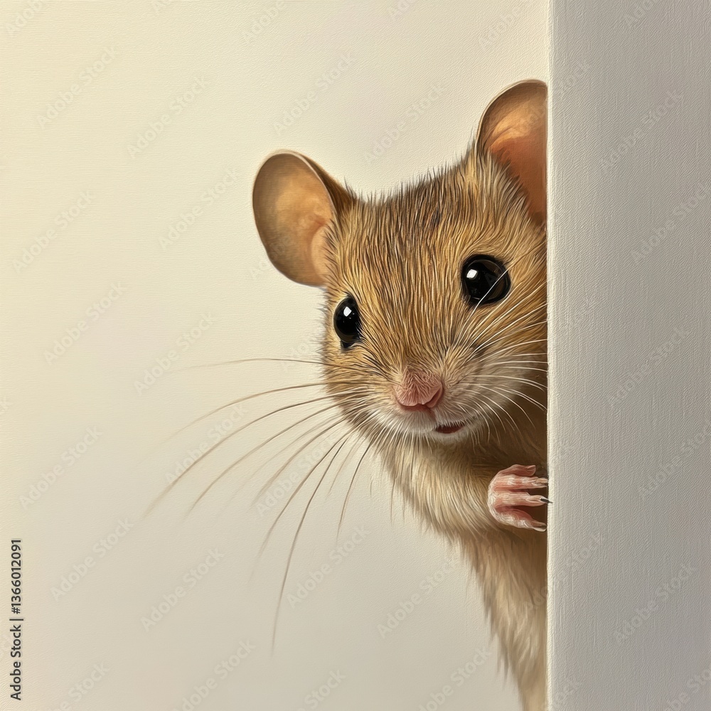 Poster curious mouse peeking around the corner on a light beige background in a serene setting generative a