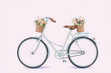 Fototapeta premium Charming illustrated bicycle with lovely flower baskets on the front and back, set against a soft pastel background. Ideal for children's illustrations and cartoons.
