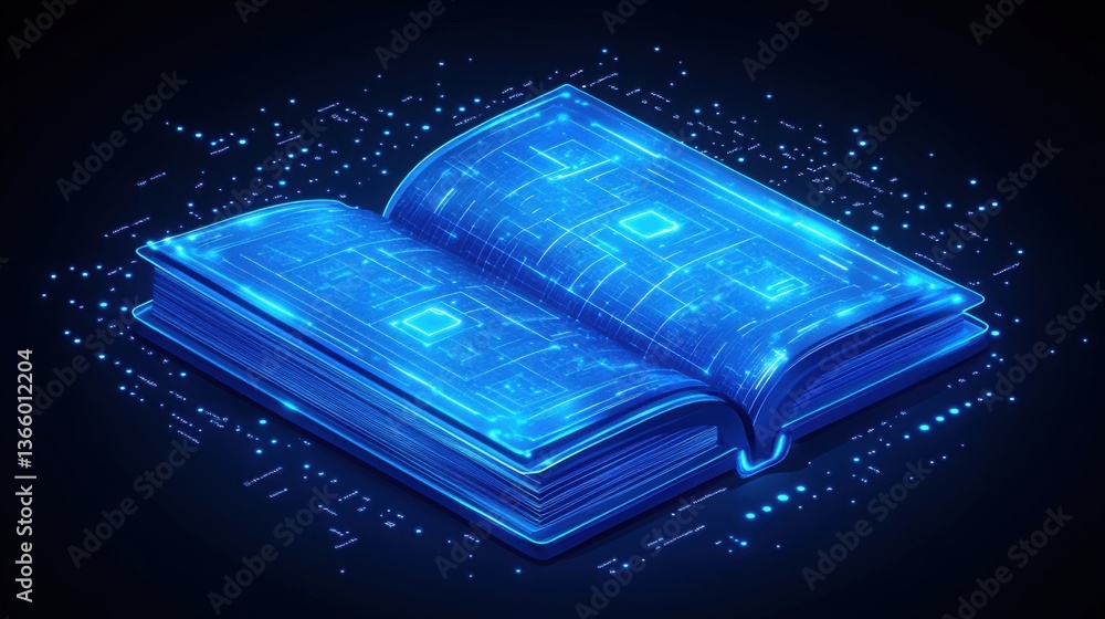 Poster digital book: a glowing nexus of knowledge and technology convergence on dark backdrop