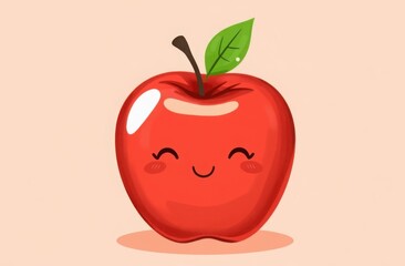 Cute cartoon apple with a smiling face, sitting against a soft pastel background. Perfect for children's illustrations and educational materials.