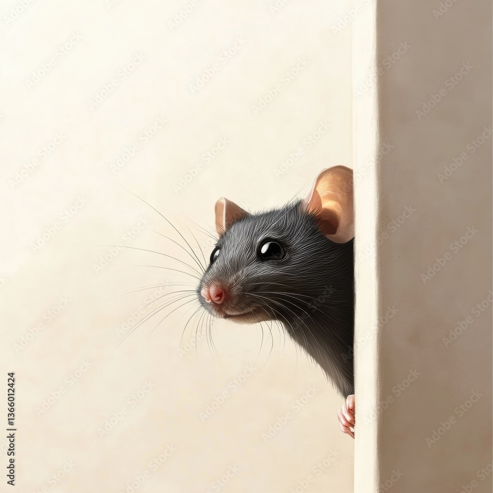 Poster curious mouse peeks around the corner with intrigue in a light beige setting generative ai