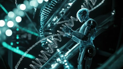 A high tech AI powered robotic scientist analyzing DNA sequences in a futuristic lab, sterile laboratory with digital genome projections, Genetic research style