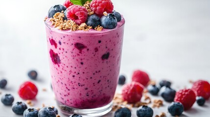 In a clear cup, a berry smoothie adorned with blueberries, raspberries, and a granola garnish is set against a bright white backdrop with strong side lighting.