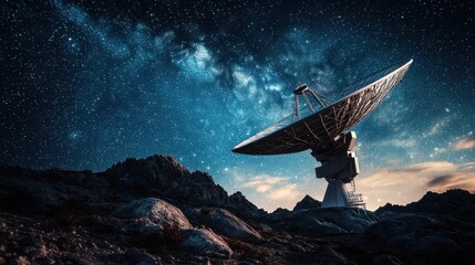 A high tech AI powered satellite dish receiving signals from deep space, remote observatory under a starry sky, Space communication style