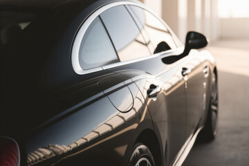 Sleek Black Luxury Car in Modern Garage with Soft Natural Light and Reflective Surface