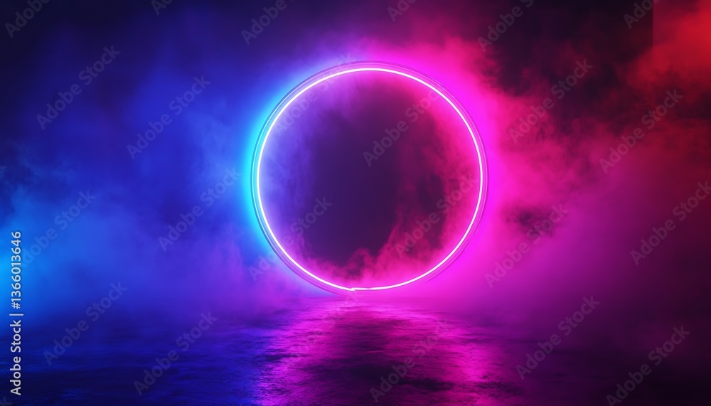 Poster abstract background with neon circle and smoke. space for your text.