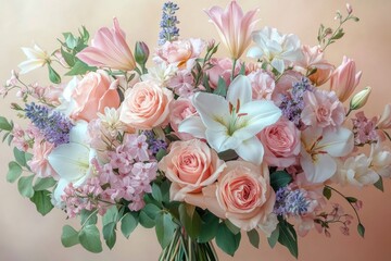 Hyper-realistic bouquet of pastel roses, tulips, and lilies arranged elegantly for a modern floral shop Generative AI