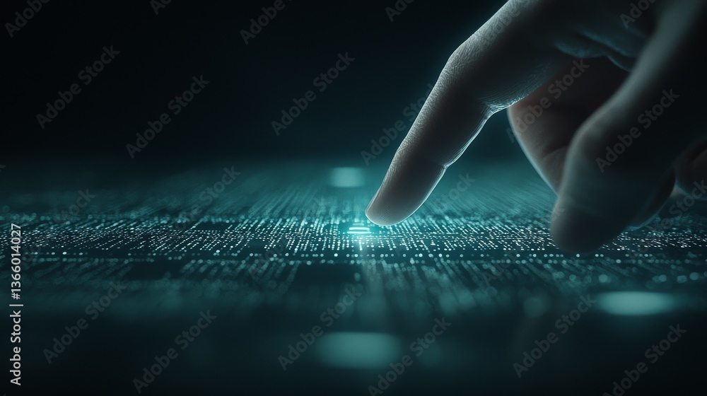 Poster a finger touches a glowing point on a dark, textured surface with other illuminated elements, sugges