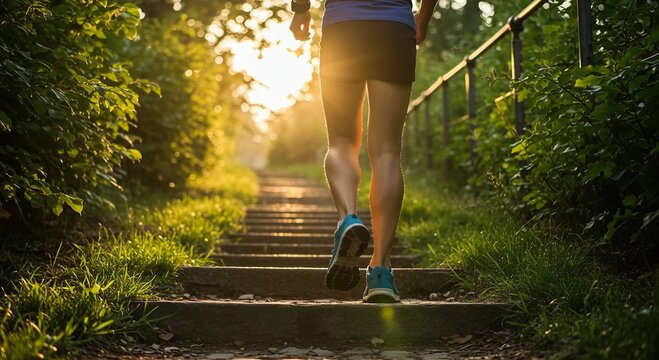 Close-Up of Runner's Legs in Blue Sneakers Climbing Outdoor Stone Stairs in Lush Green Forest During Golden Hour Sunset	