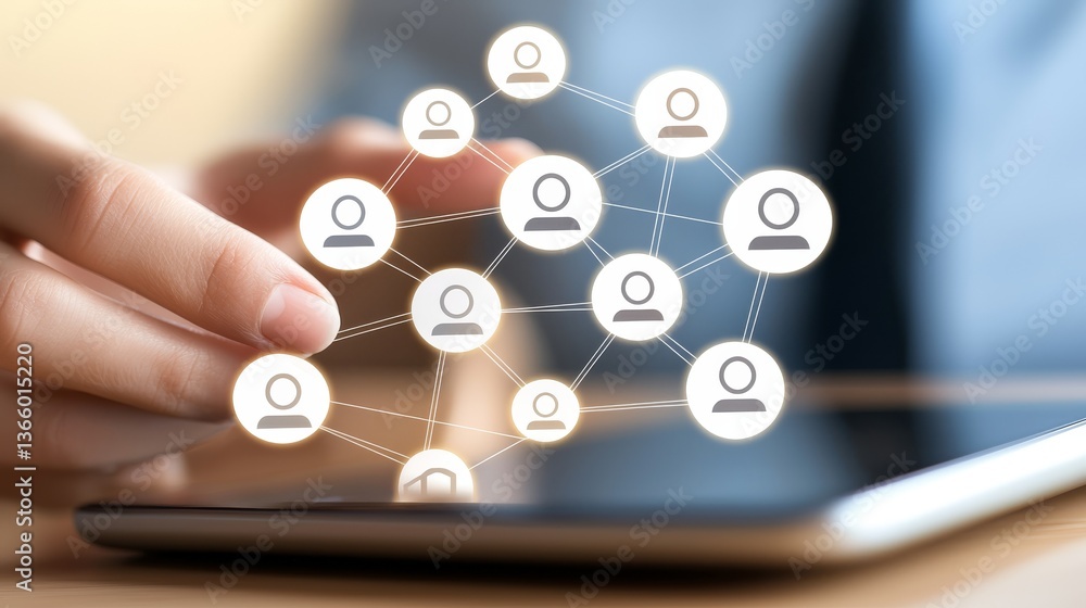 Aufkleber connecting people through technology, person using tablet with network visualization