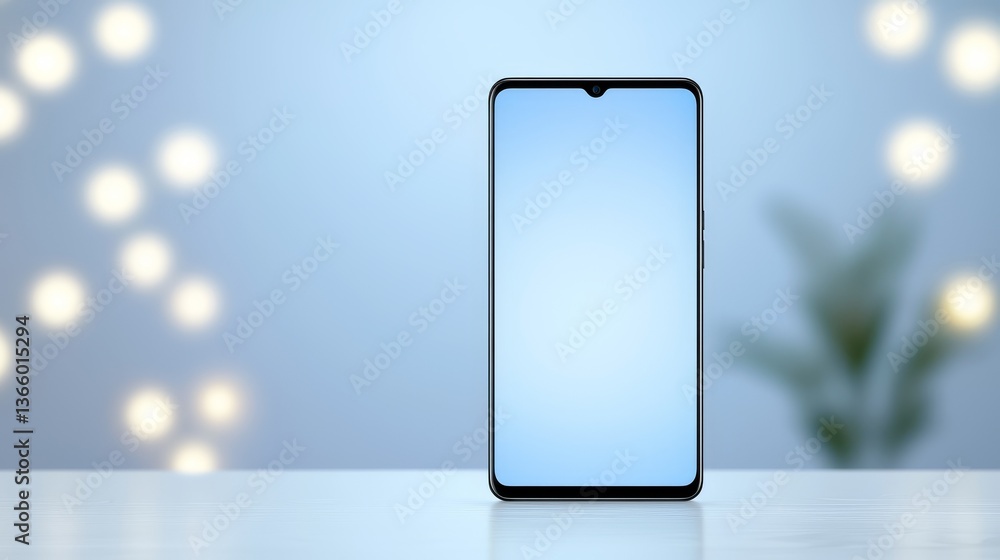 Poster modern smartphone with blank screen on wooden table, versatile template for mobile app and web desig