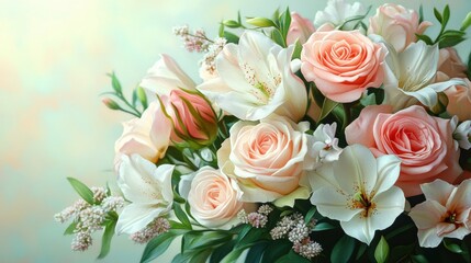 Fototapeta premium Elegant bouquet of pastel flowers featuring roses, tulips, and lilies against a soft background Generative AI