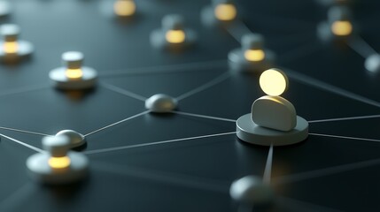 A network of stylized figures, some with glowing tops, are interconnected by lines on a dark surface, suggesting a social network or hierarchical structure.