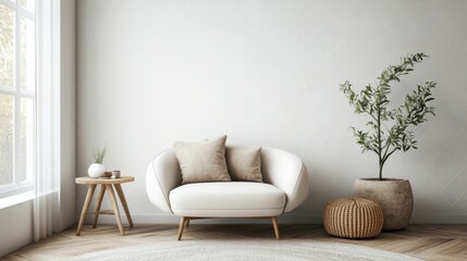 A minimalist Nordic wallpaper with soft neutral tones, featuring geometric shapes and natural wood textures