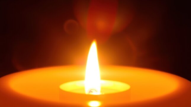 Single candle flame glowing in dark, peaceful ambiance, ideal for meditation or remembrance