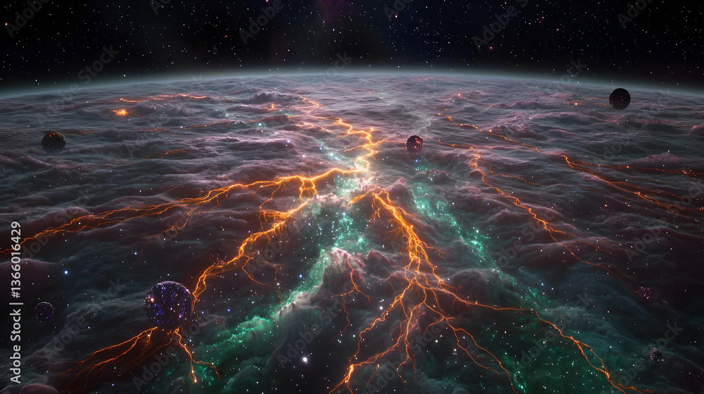 Poster cosmic planet surface with lights and spheres displaying futuristic space galaxy and universe view