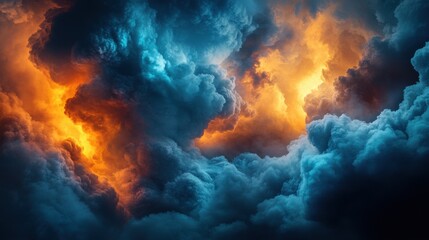 Celestial Divide: A Symphony of Blue and Gold Clouds Amidst a Mysterious Atmosphere