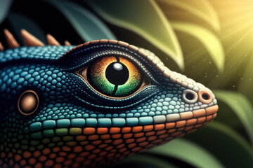 Fototapeta premium Vibrant Close-Up of a Colorful Lizard with Striking Eye Detail Against a Tropical Background in Radiant Light