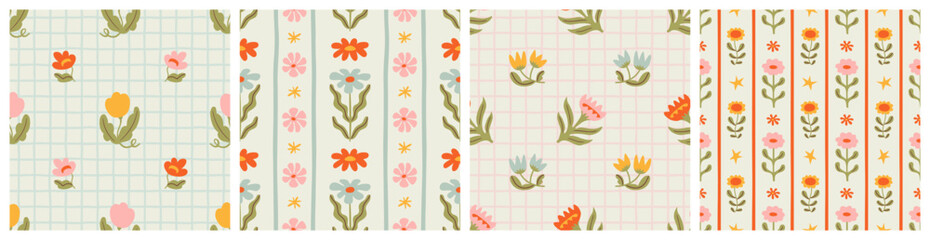 Colorful floral seamless pattern illustration set. Vintage style flower frame background design collection. Geometric natural wallpaper print, spring season nature backdrop texture with flowers.	