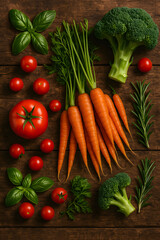 Fresh vegetables and herbs on rustic wooden background, top view

