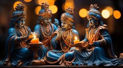 Fototapeta premium celebration with colored candles, flowers and traditional indian patterns. images of krishna statue surrounded by joyful devotees with soft blur effect in the background for text.