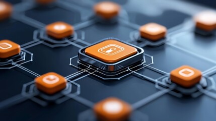 Striking contrast, a black button amidst sea of vibrant orange cubes