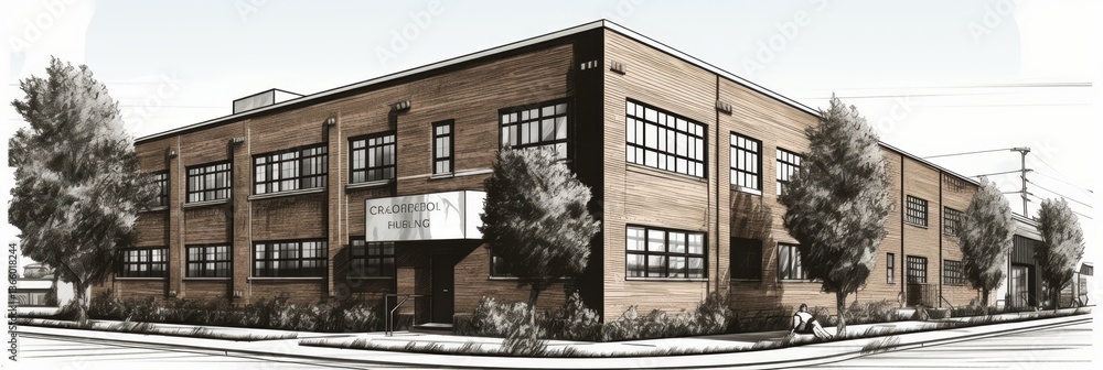 Poster grunge textured building in retro halftone style on a white background with minimal details
