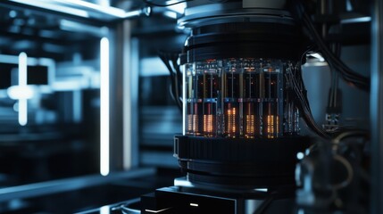 A quantum computer processing data in a high tech lab, glowing circuits and cooling systems visible, Futuristic style