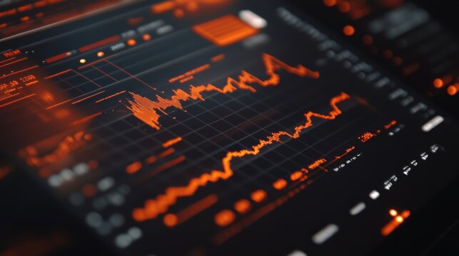 Abstract digital financial dashboard displaying stock market trends with vibrant orange and black color scheme representing data analysis and investment opportunities