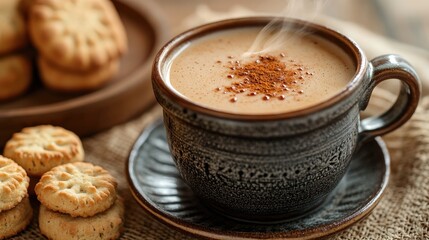 A steaming cup of Indian masala chai tea, served in a traditional cup, accompanied by a small plate of biscuits, radiates warmth and coziness in a close-up view.