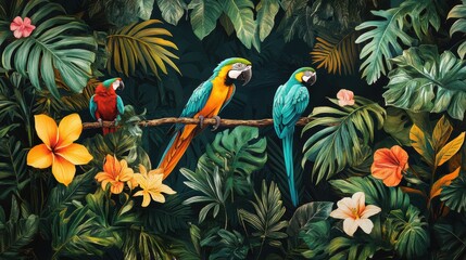 A jungle-themed wallpaper with vibrant tropical animals like parrots and monkeys, surrounded by lush greenery and foliage