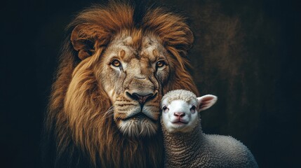 Fototapeta premium Lion and Lamb: Strength and Innocence Together in Harmonious Portrait - Powerful Symbolism of Nature's Balance