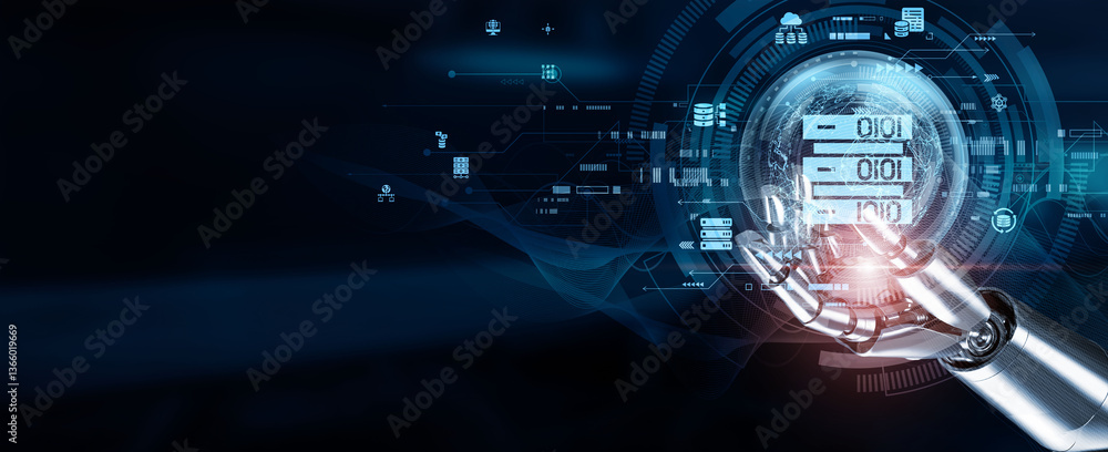 Aufkleber hands of robots touch big data through automation, analysis, integration, processing, visualization,