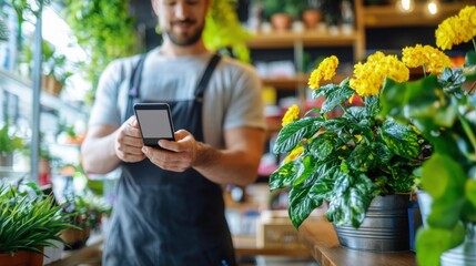 Florist Using Smartphone To Process Order Among Vibrant Yellow Flowers And Greenery
