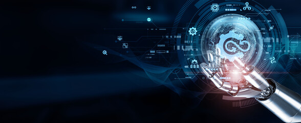 Hands of robots touch DevOps through continuous integration, continuous delivery, automated testing, infrastructure as code, configuration management, monitoring and logging, and collaborative tools.