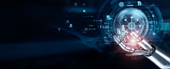 Hands of robots touch Decentralized Finance (DeFi), automating trading, lending, and portfolio management through AI-driven tools and smart contracts. Using machine learning, risk assessment.