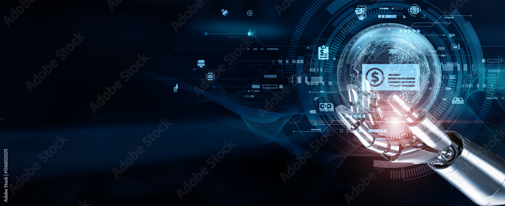 Poster hands of robots touch digital payment through automated transaction processing, real-time fraud dete