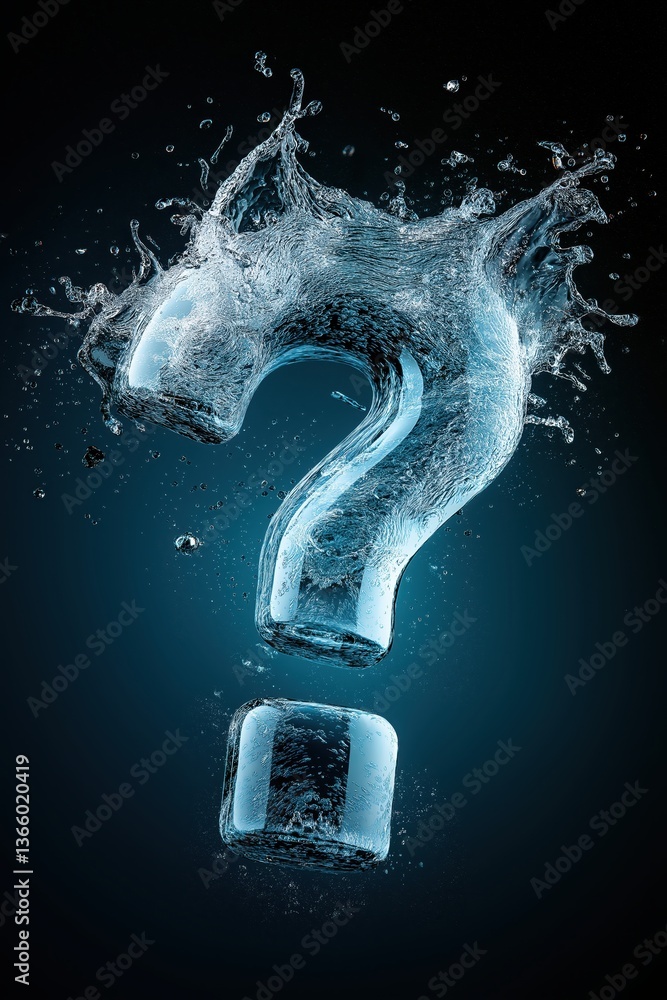 Poster crisp blue water droplet forming a question mark symbol with splash effects creating a refreshing vi