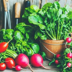 A vibrant gardening scene showing seedlings and leafy greens in early spring.