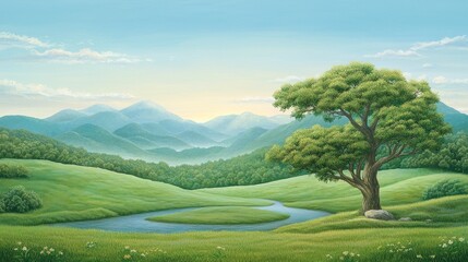 Majestic tree in a vibrant green field, serene landscape painting