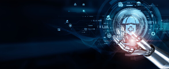 Hands of robots touch Insurance through automated claims processing, risk assessment algorithms, policy management systems, fraud detection tools, customer self-service portals, premium calculation.