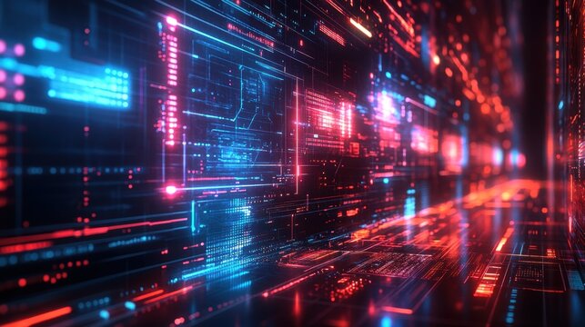 A sleek, modern wallpaper design with holographic elements, light patterns, and digital interfaces to evoke a futuristic tech look