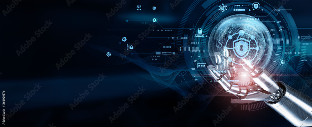Poster hands of robots touch network security through automation, intrusion detection, threat analysis, rea