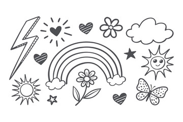 Hand-Drawn Crayon Doodle Set: Playful Hearts, Stars, Clouds, Rainbow, Lightning, Flowers, Arrows, Notes, Sun, Moon, Butterfly, and More in a Fun Childlike Artistic Style Vector Illustration