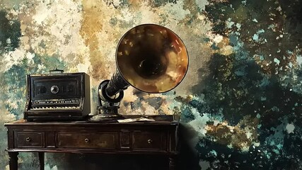 An antique gramophone with an accompanying piano sits atop a classic wooden desk.