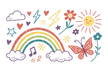 Hand-Drawn Crayon Doodle Set: Playful Hearts, Stars, Clouds, Rainbow, Lightning, Flowers, Arrows, Notes, Sun, Moon, Butterfly, and More in a Fun Childlike Artistic Style Vector Illustration