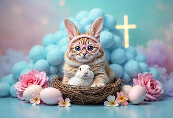 Adorable Cat and Bunny in Easter Wonderland with Pastel Eggs