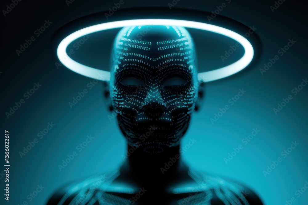 Poster futuristic cybernetic figure surrounded by glowing binary code in neon blue glow