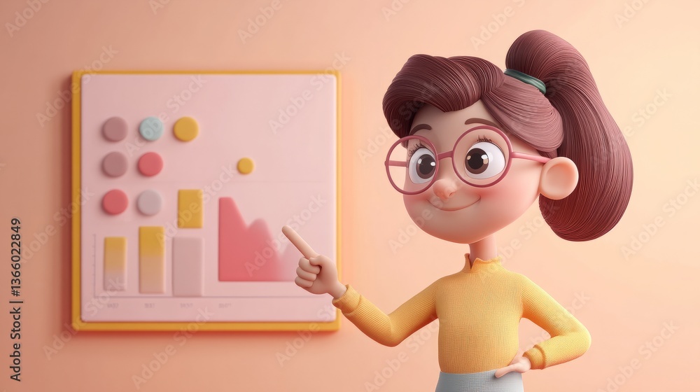 Poster a 3d character with glasses pointing to a large graph showing financial contributions, minimalist st
