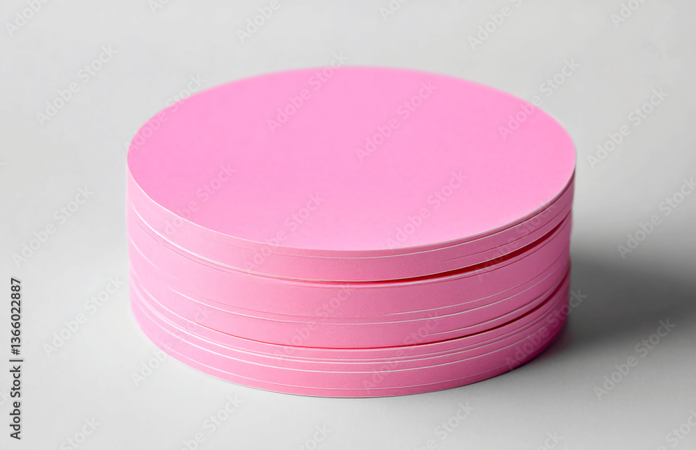 Poster stack of pink circular paper sheets on a white surface in a simple studio arrangement view